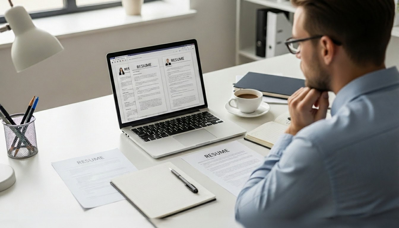 10 Resume Tips from a Recruiter That Help Candidates Land Walmart Supplier Jobs 1 A man sits at a desk with a laptop and papers, focusing on resume tips from a recruiter.