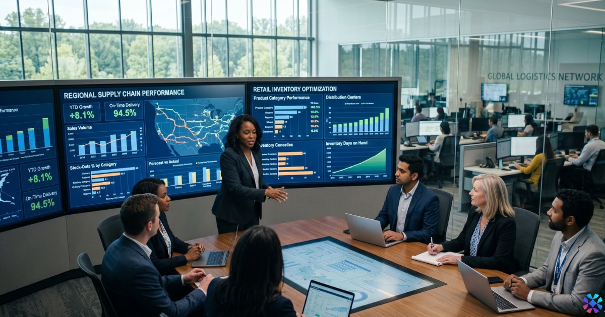 A diverse group of business professionals collaborating in an office environment, discussing Walmart supplier strategies.