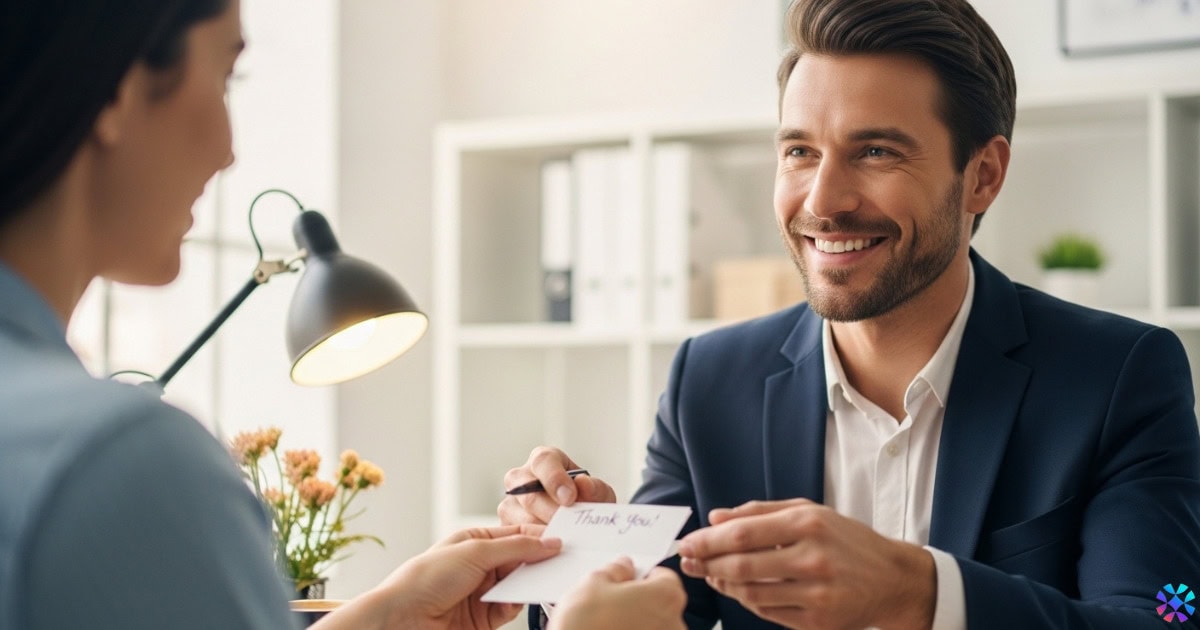 A man in a suit smiles at a woman while holding a paper, symbolizing a discussion on retaining top talent.