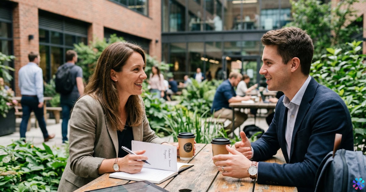 Two people sitting at a table outdoors, discussing job opportunities. A sign indicates that hiring is in progress.