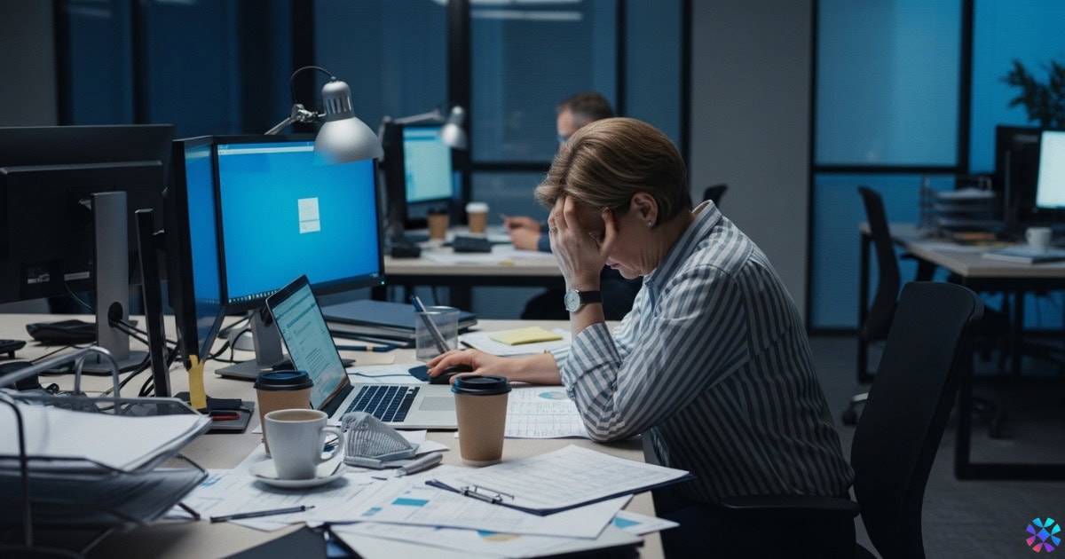 A woman at a desk, resting her head in her hands, appears overwhelmed and stressed in a scene titled "Piling On."