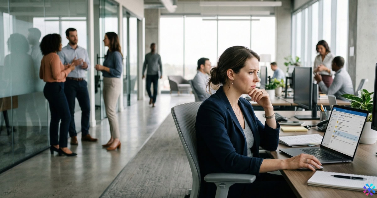 A woman focused on her laptop while working in a modern office environment.