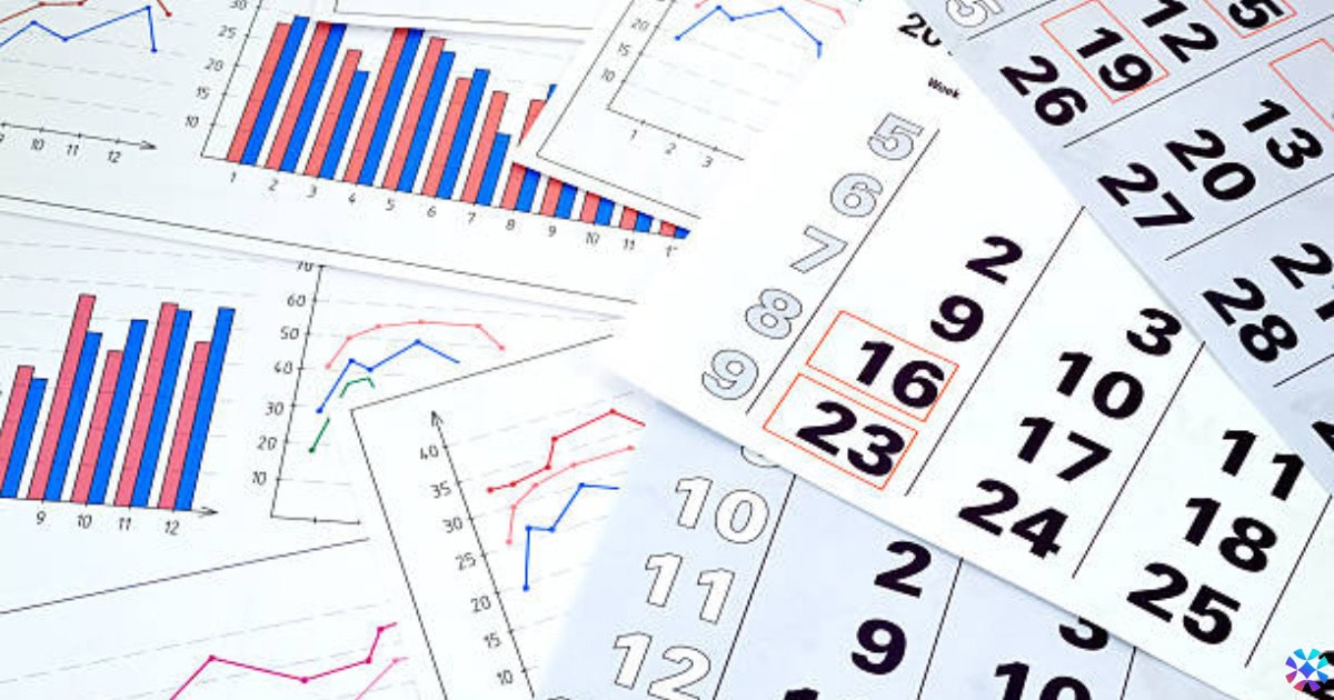 A calendar displaying graphs and numbers, illustrating job descriptions and performance metrics over time.