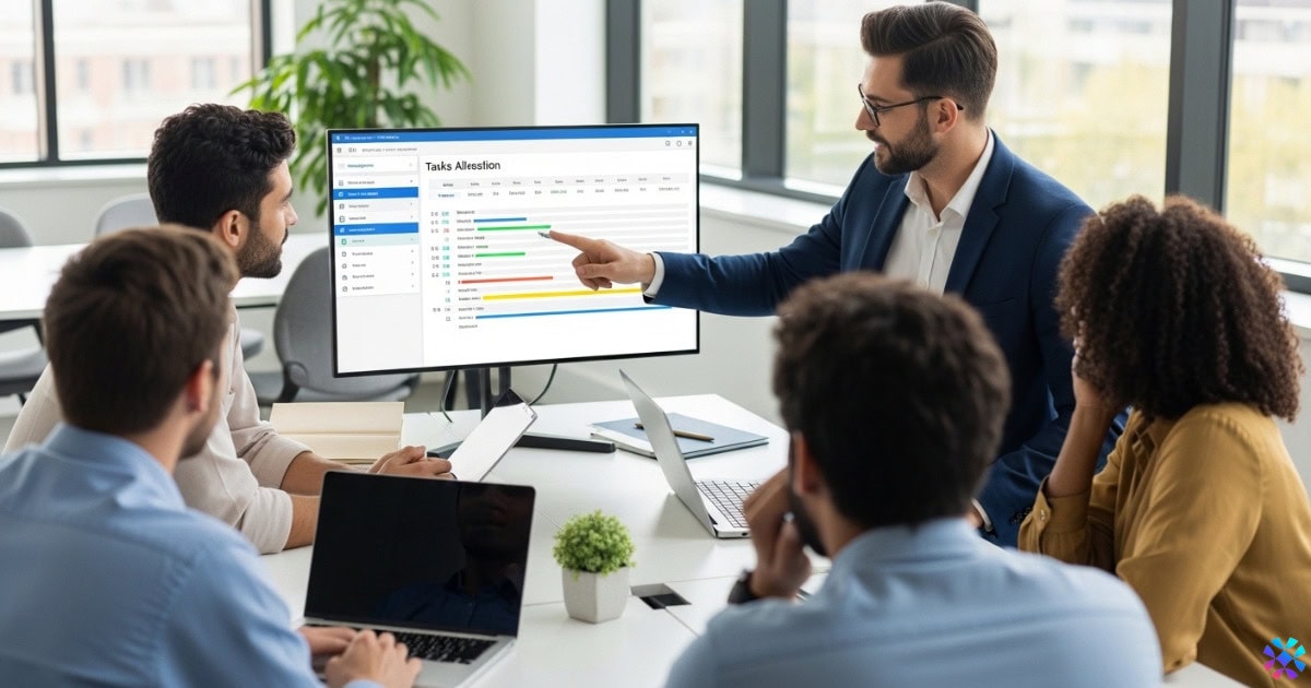 A group of people gathered in a meeting room, focused on a computer screen displaying a presentation.