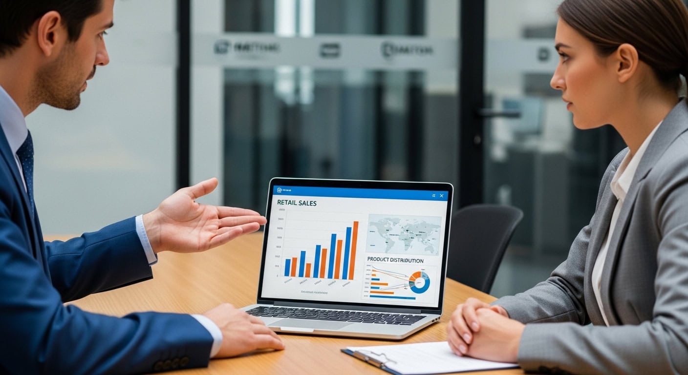 10 Resume Tips from a Recruiter That Help Candidates Land Walmart Supplier Jobs 4 A man and woman in business attire discuss a business chart, sharing insights on resume tips from a recruiter.