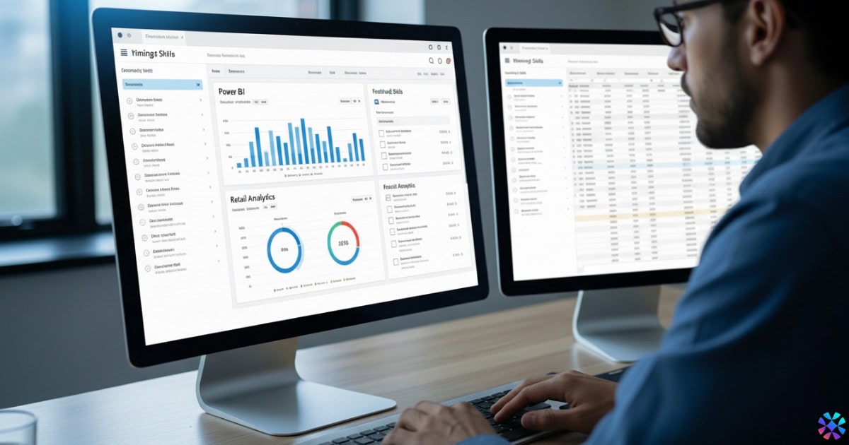 A man analyzes data on two computer screens displaying graphs and statistics related to job descriptions.
