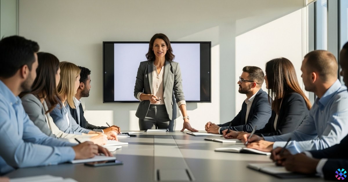 A woman in a business suit presents to an audience on the topic of retaining top talent in the workplace.