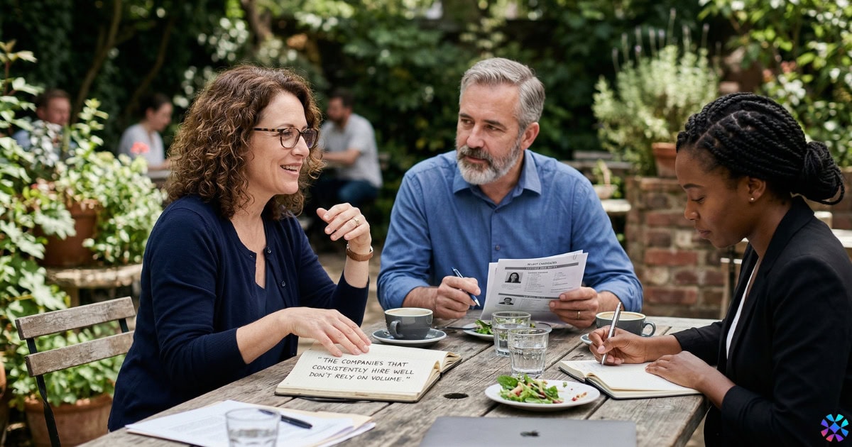 Three people seated at a table, reviewing papers and a laptop, engaged in a hiring discussion.