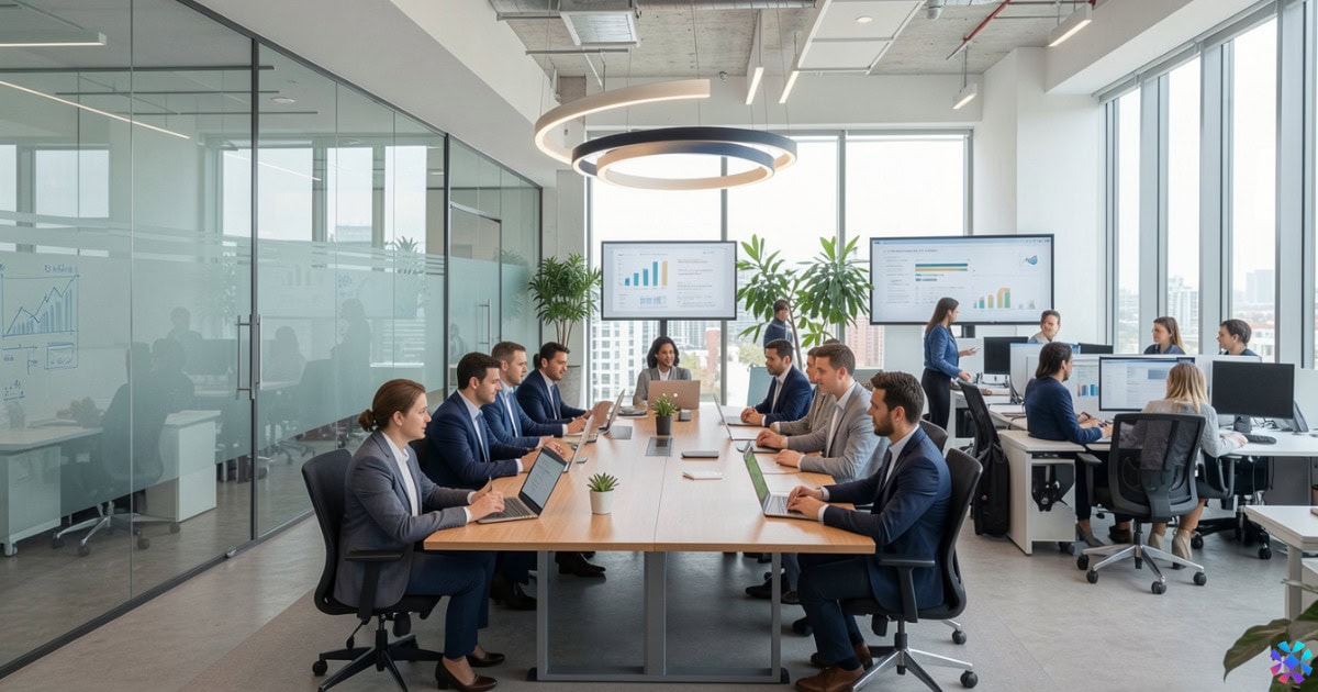 A diverse group of professionals seated around a conference table in an office setting, actively engaged in discussion about Walmart Suppliers.