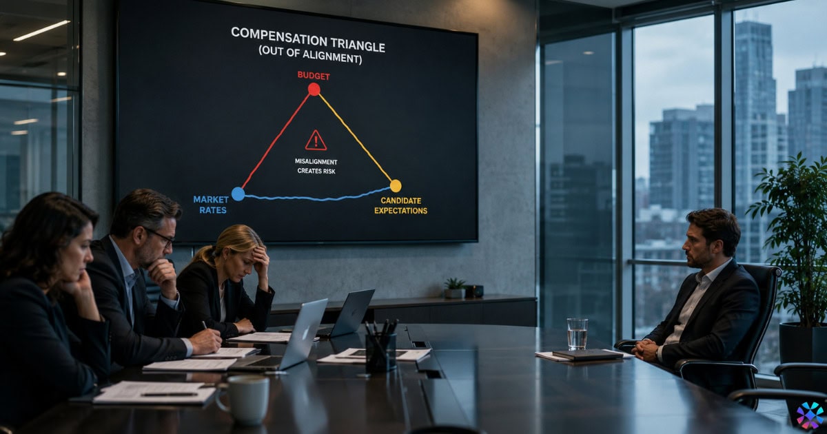 A group of business individuals around a table, engaged in a discussion while a compensation triangle presentation is shown.