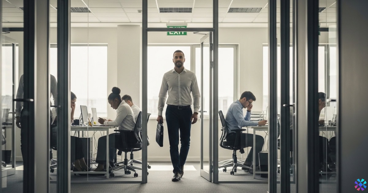 A man walks through a busy office, passing by colleagues engaged in conversation and work activities.